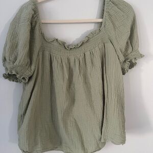 J.Crew Green Square Neck Puff Sleeve Top | Smocked Blouse XL